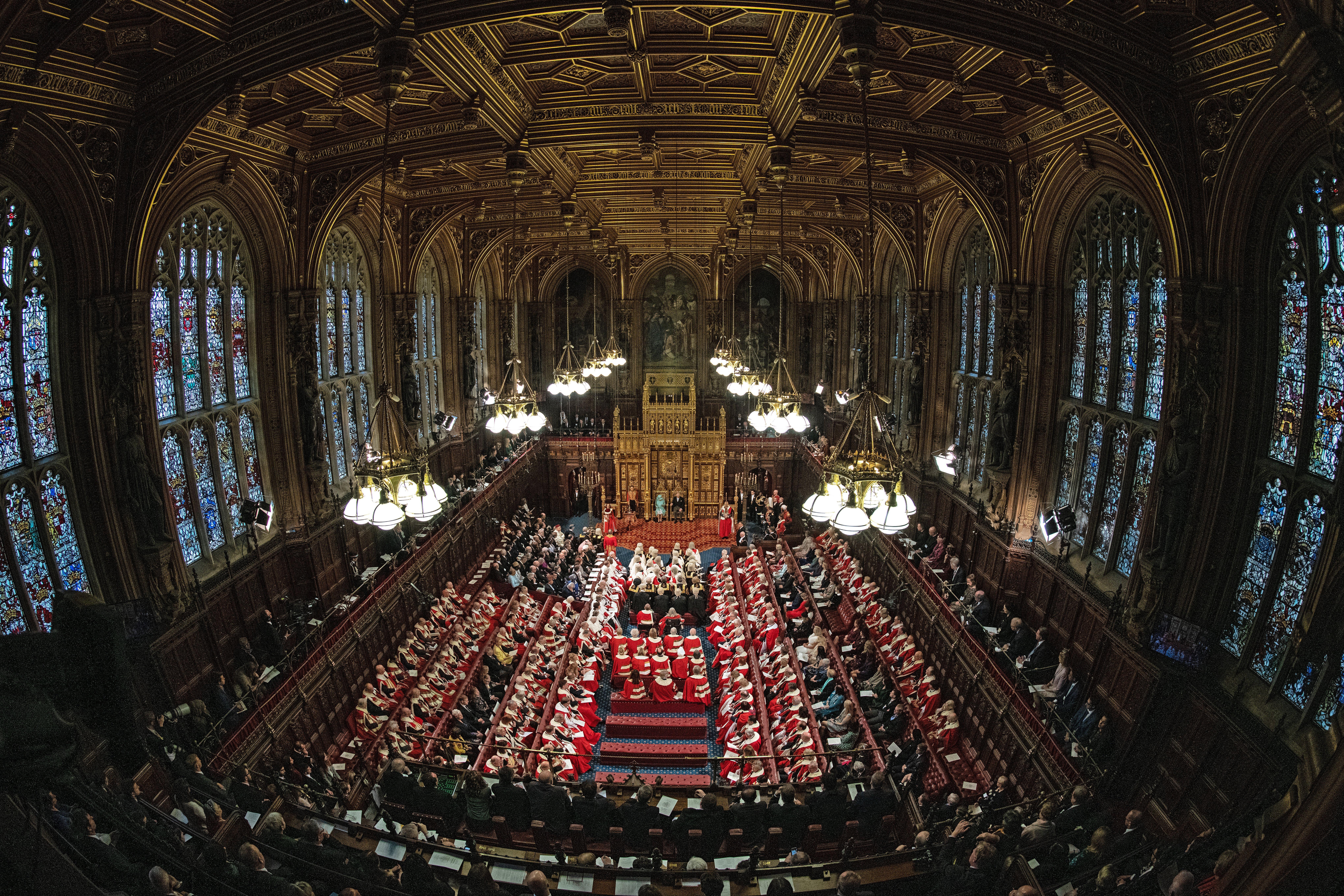 General view of the State Opening of Parliament, in the House of Lords at the Palace of Westminster in London with Queen Elizabeth II, and Prince Charles in attendance.