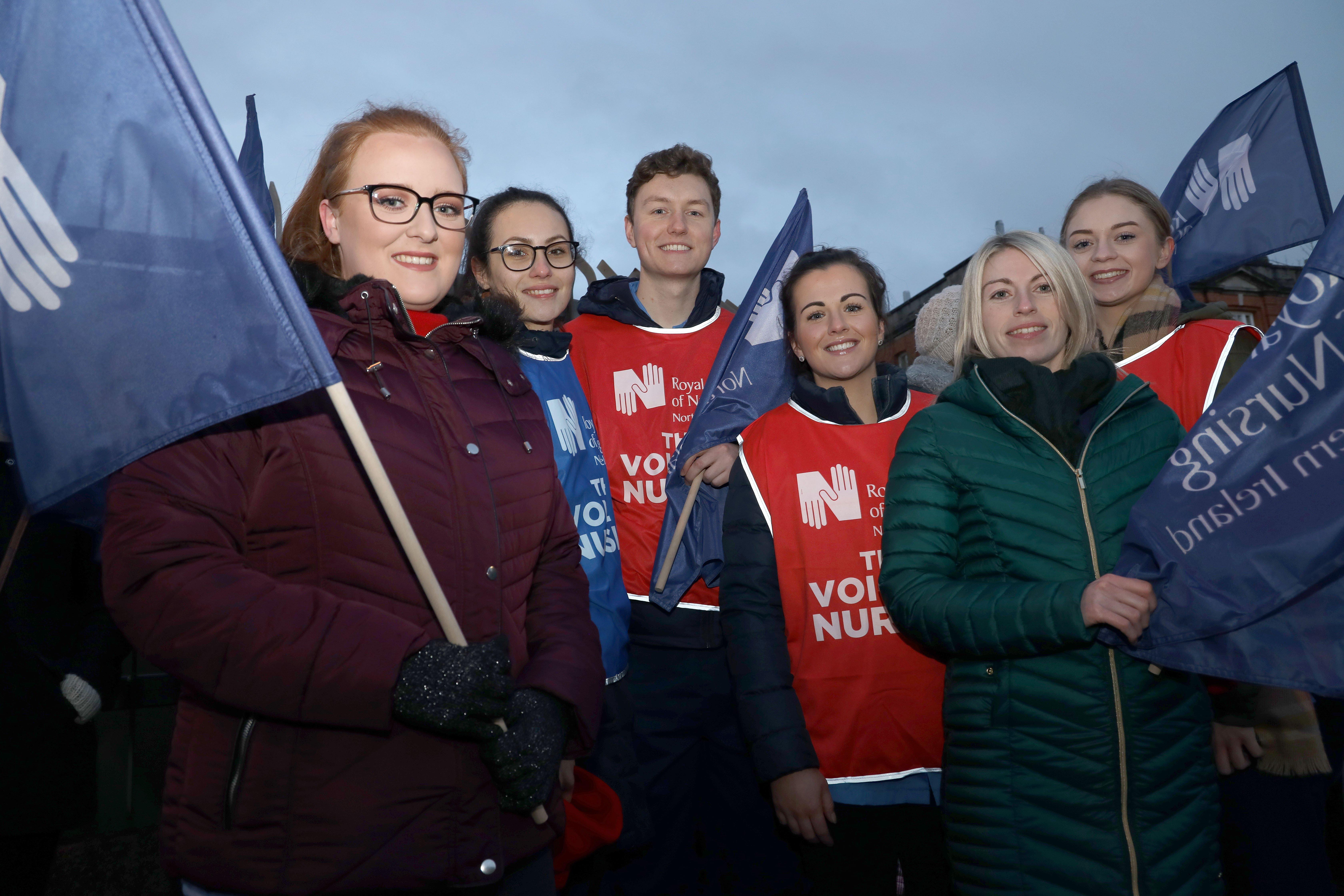 Nurses at Belfast's Royal Victoria Hospital as the RCN take strike action. About 9,000 nurses across Northern Ireland have begun a 12-hour strike. The action began at 8am on Wednesday in a second wave of protests over pay and staffing levels