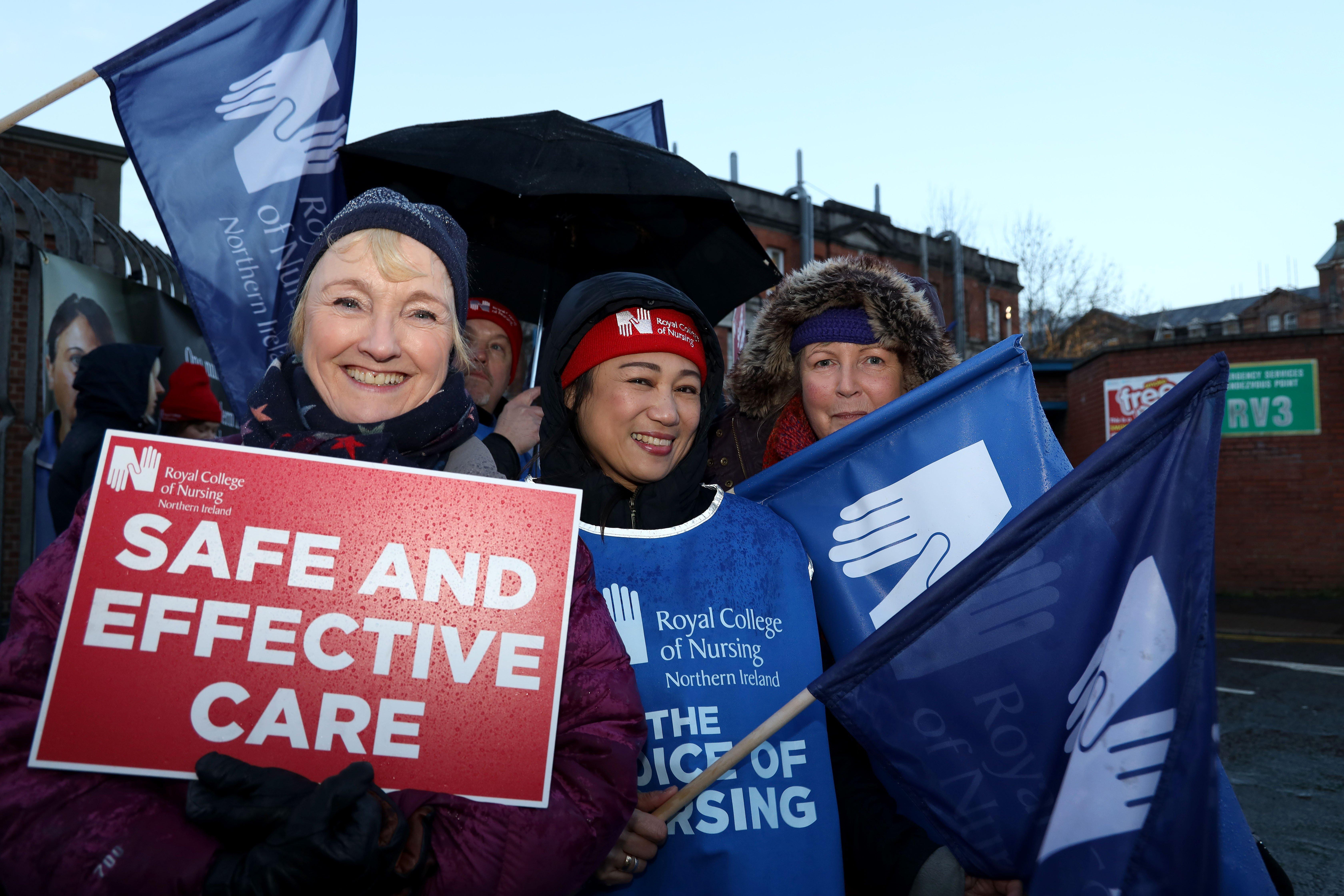 Nurses at Belfast's Royal Victoria Hospital as the RCN take strike action. About 9,000 nurses across Northern Ireland have begun a 12-hour strike. The action began at 8am on Wednesday in a second wave of protests over pay and staffing levels
