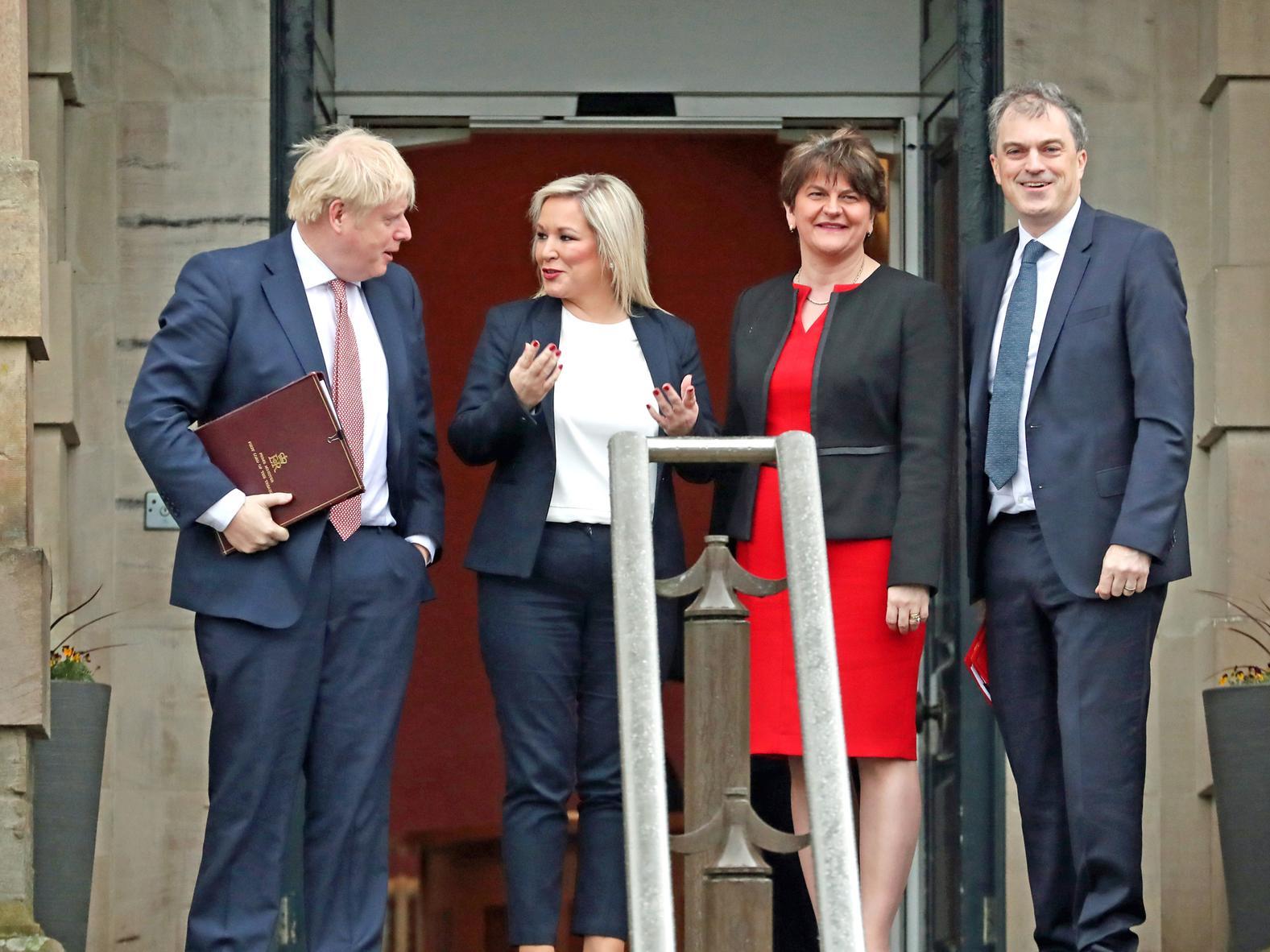 Prime Minister Boris Johnson and Secretary of State for Northern Ireland, Julian Smith, First Minister, Arlene Foster and deputy First Minister Michelle O'Neill