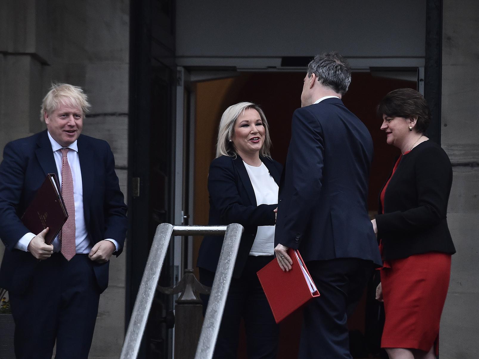 Prime Minister Boris Johnson and Secretary of State for Northern Ireland, Julian Smith, First Minister, Arlene Foster and deputy First Minister Michelle O'Neill