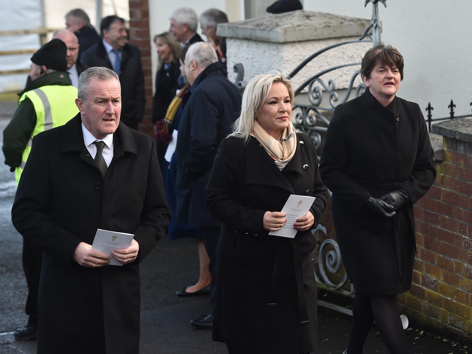 From left to right, Minister for Finance and Sinn Fein MLA for Newry and Armagh, Conor Murphy; deputy First Minister, Michelle O'Neill and First Minister, Arlene Foster.
