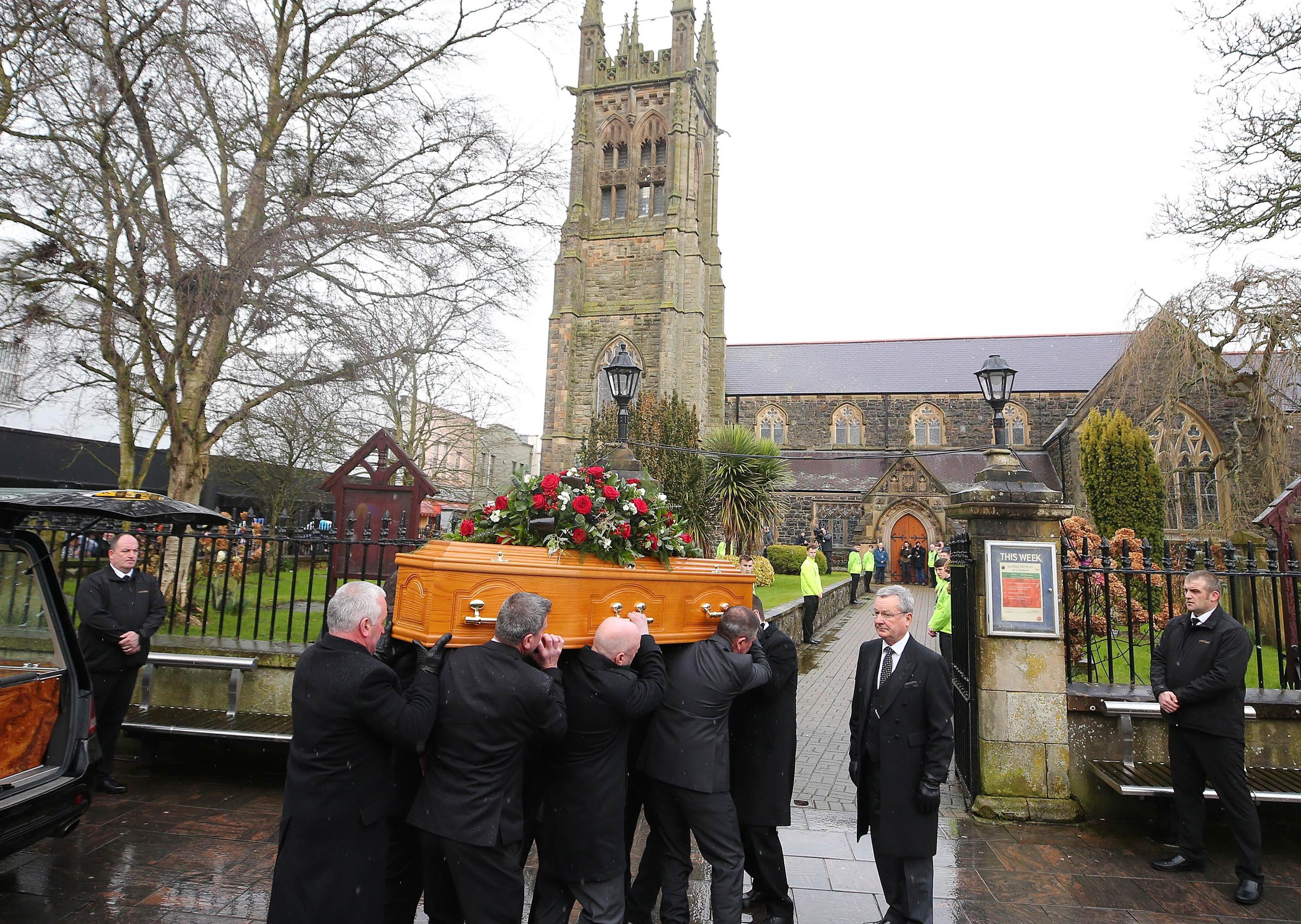 Funeral for former Manchester United and Northern Ireland goalkeeper Harry Gregg at St Patrick's Church of Ireland in Coleraine