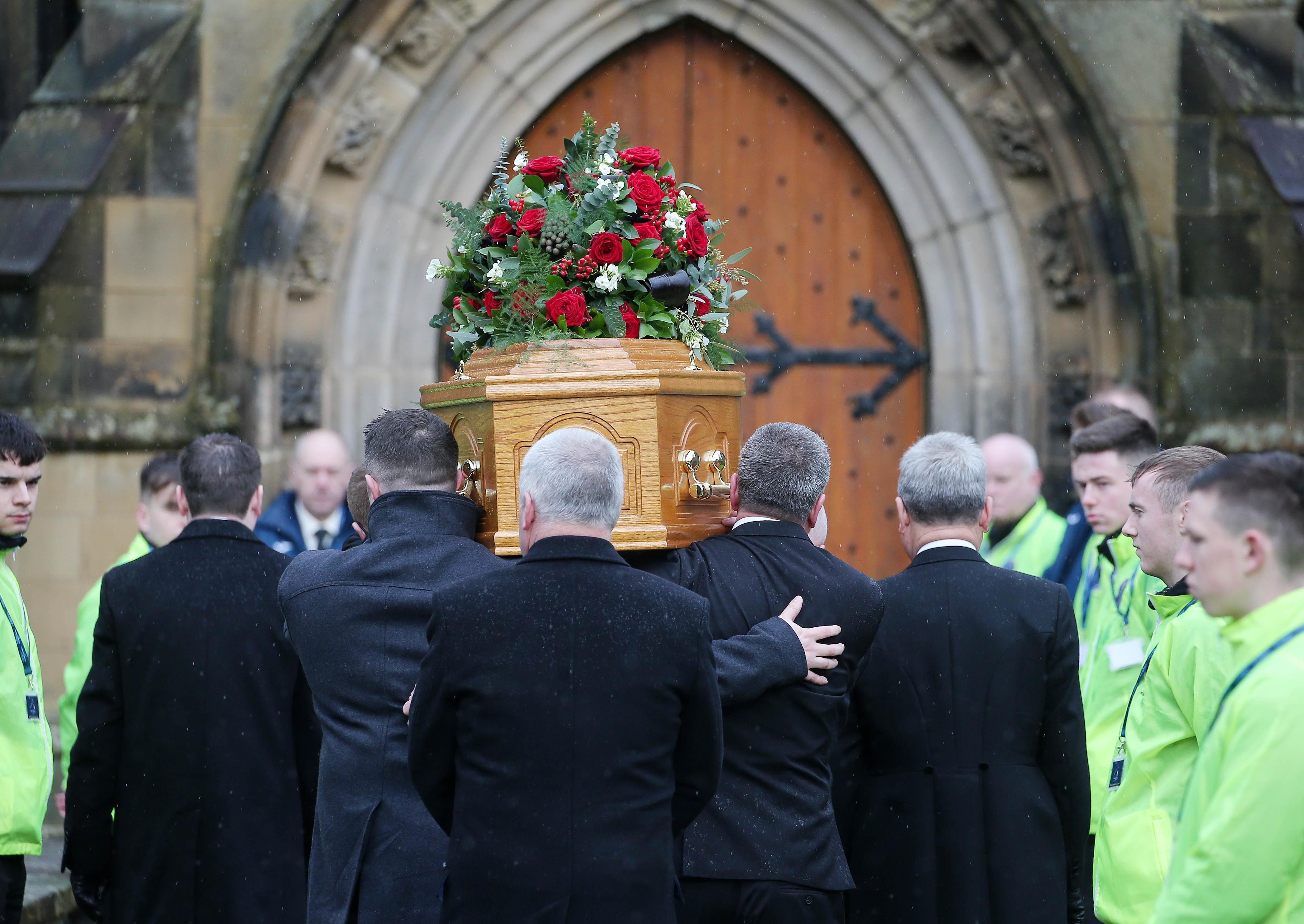Funeral for former Manchester United and Northern Ireland goalkeeper Harry Gregg at St Patrick's Church of Ireland in Coleraine